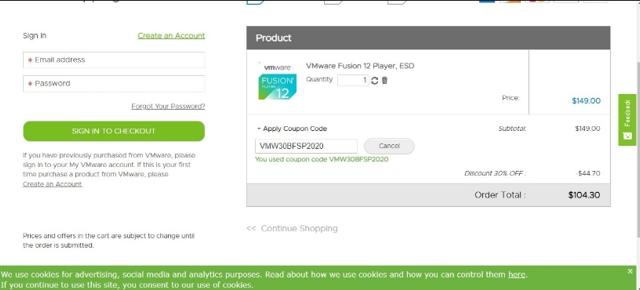 VMware checkout page showing VMware coupon code box | Screenshot taken by SimplyCodes community member on Nov 23, 2020