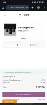 Valence Nutraceuticals coupon verification screenshot