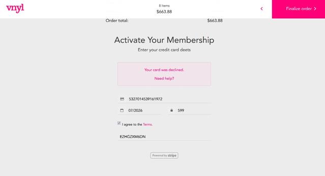 VNYL checkout page showing VNYL promo code box | Screenshot taken by SimplyCodes community member on Mar 12, 2021