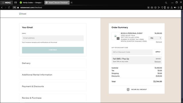 Voast checkout page showing Voast promo code box | Screenshot taken by SimplyCodes community member on May 25, 2025