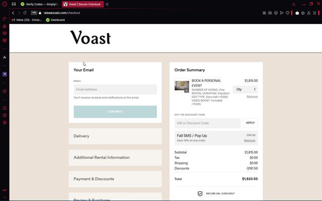 Voast checkout page showing Voast promo code box | Screenshot taken by SimplyCodes community member on Mar 28, 2025