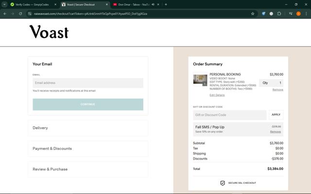 Voast checkout page showing Voast promo code box | Screenshot taken by SimplyCodes community member on Jul 21, 2025