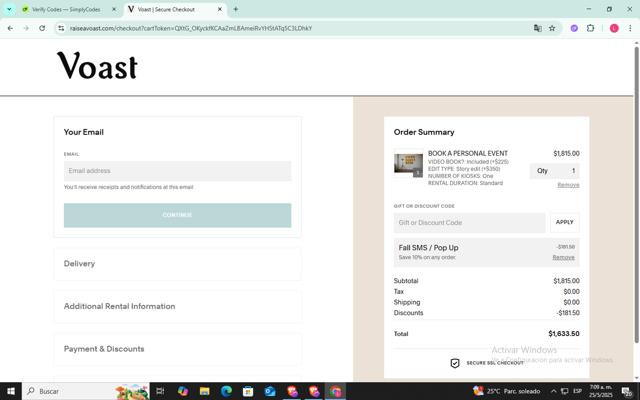 Voast checkout page showing Voast promo code box | Screenshot taken by SimplyCodes community member on May 25, 2025