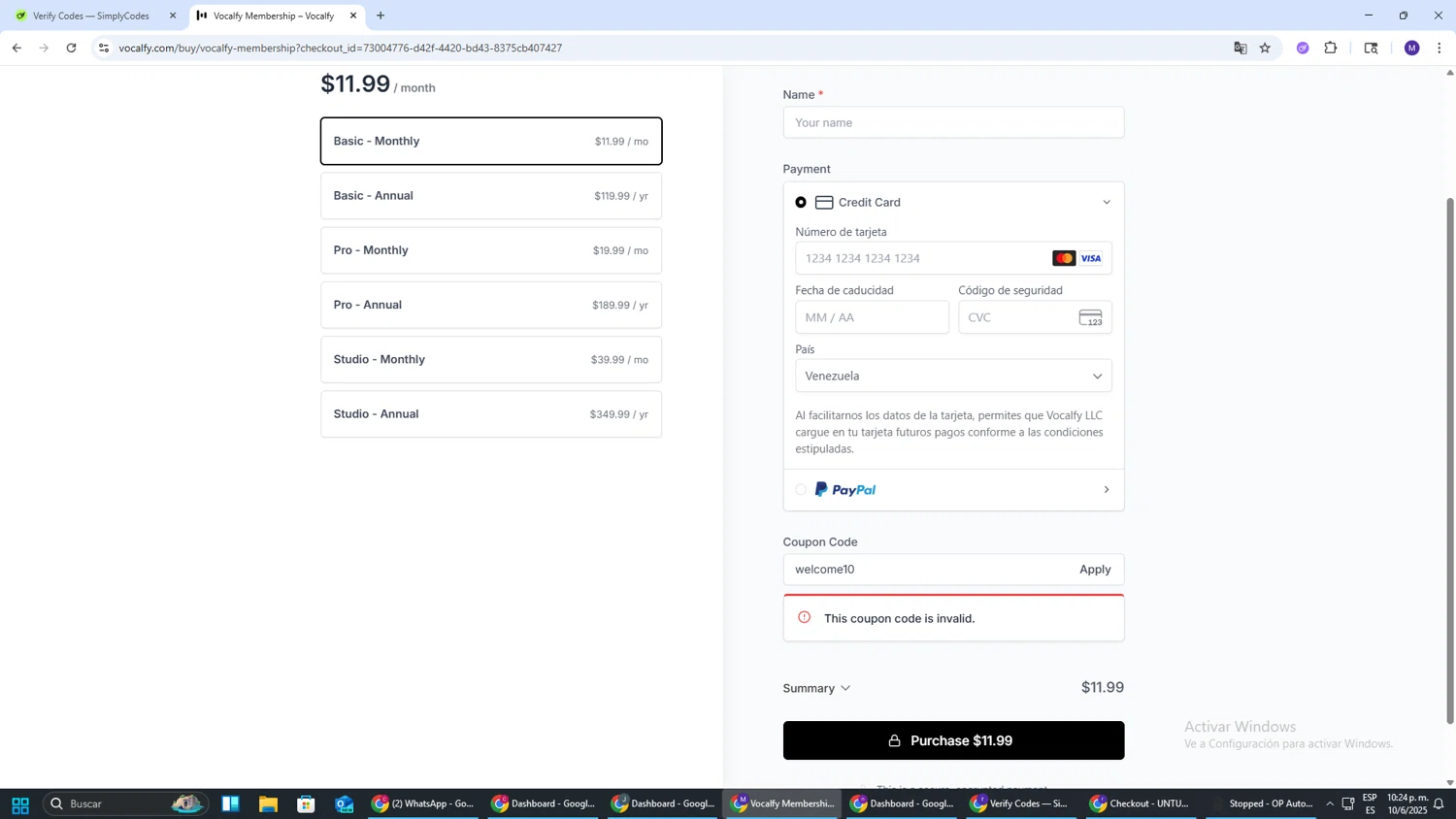 Vocalfy promo code screenshot showing code welcome10 applied at Vocalfy checkout page. Uploaded by SimplyCodes community member CRF250CC on Jun 11, 2025