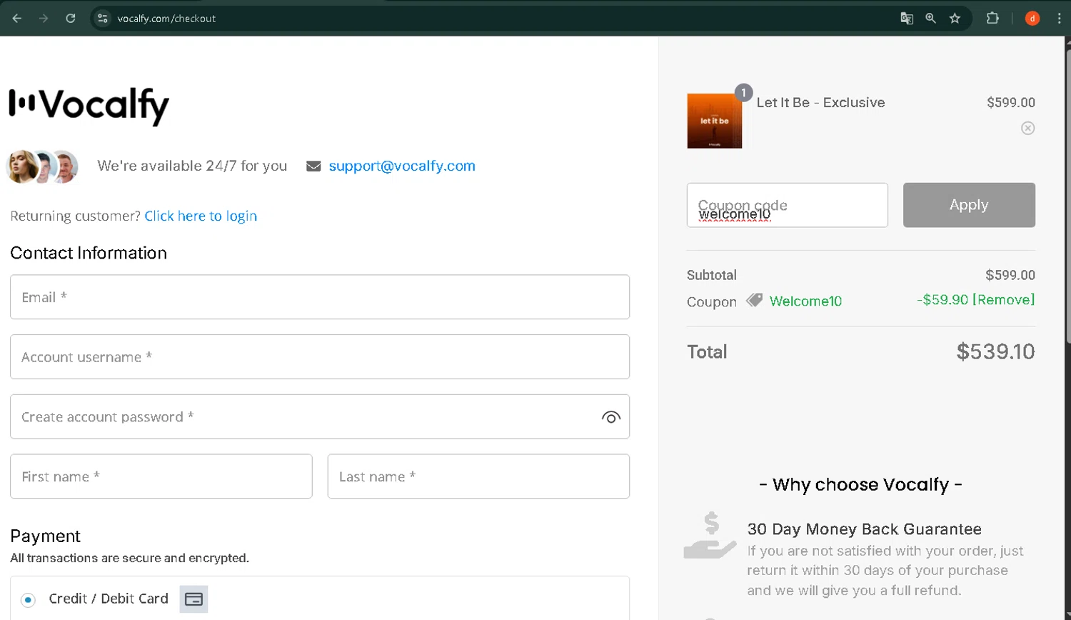 Vocalfy promo code screenshot showing code welcome10 applied at Vocalfy checkout page. Uploaded by SimplyCodes community member VictoriaMoyeda on Jun 18, 2025