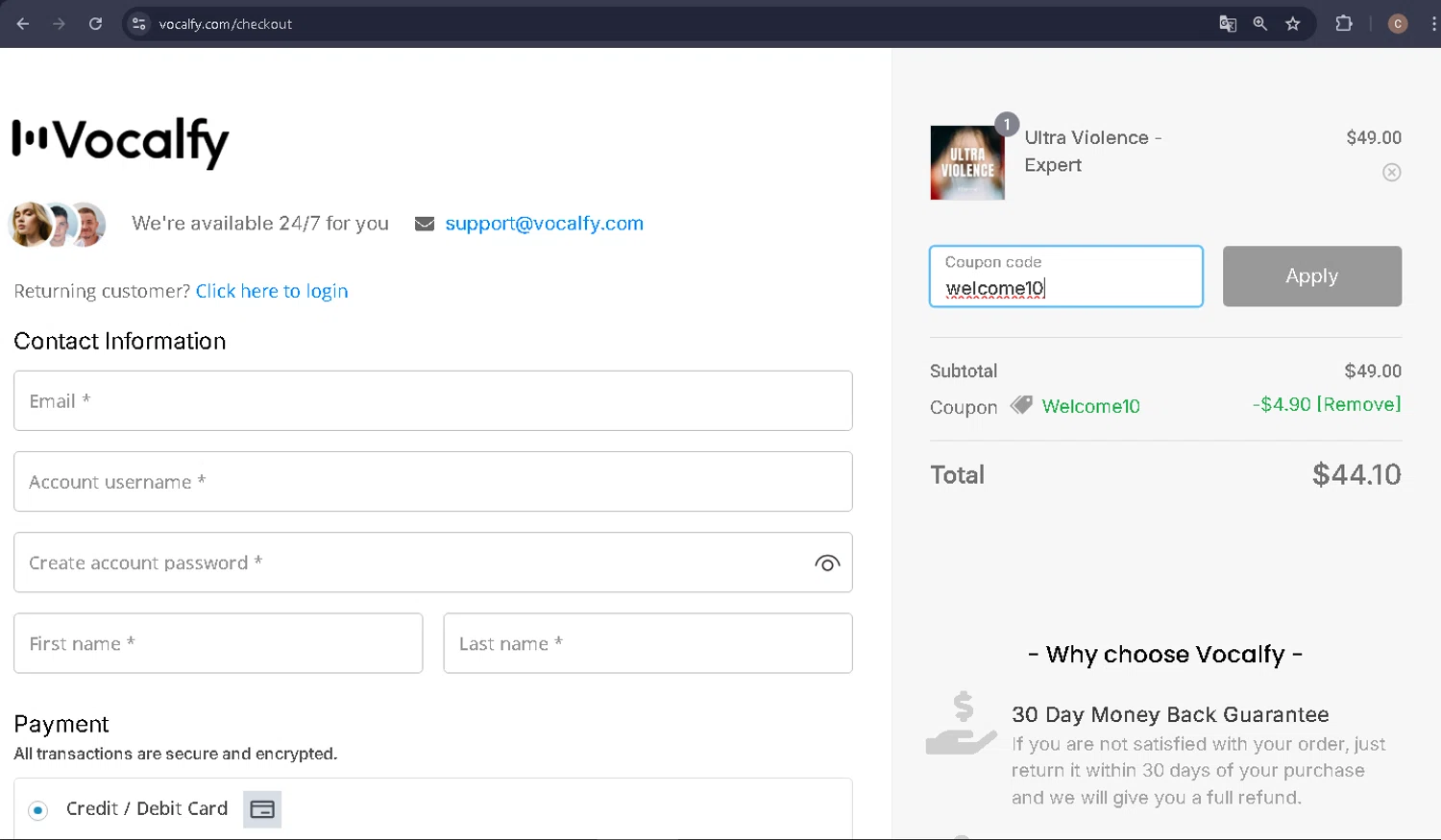 Vocalfy promo code screenshot showing code welcome10 applied at Vocalfy checkout page. Uploaded by SimplyCodes community member carlosra07 on Jun 11, 2025