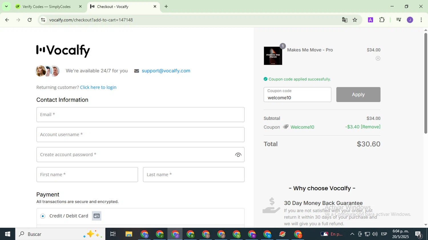 Vocalfy checkout page showing Vocalfy promo code box | Screenshot taken by SimplyCodes community member on May 21, 2025
