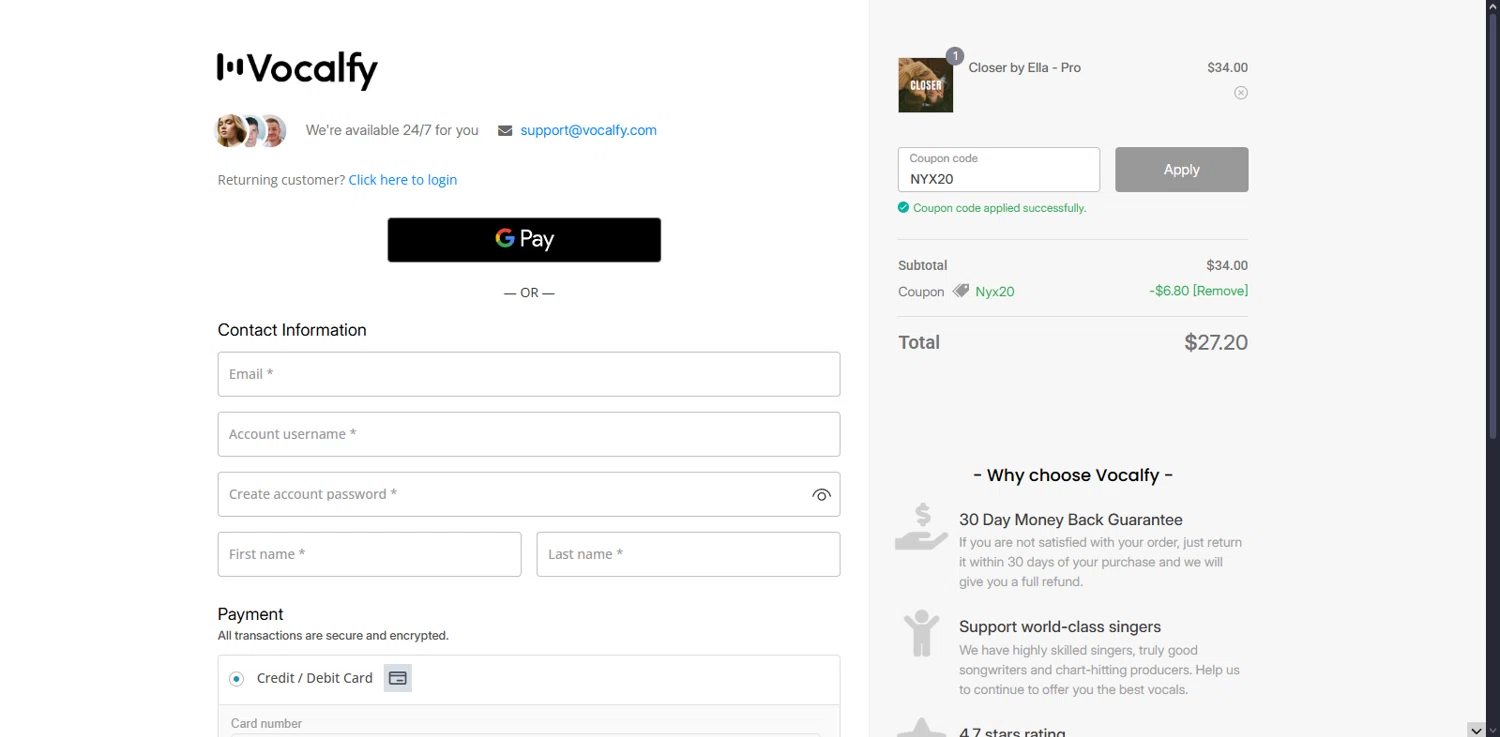Vocalfy promo code screenshot showing code NYX20 applied at Vocalfy checkout page. Uploaded by SimplyCodes community member Serdanvz on Jul 29, 2025