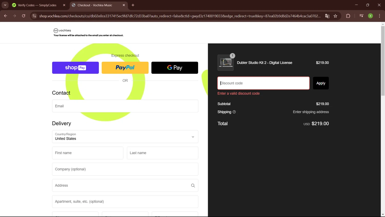 Vochlea Music promo code screenshot showing code VOCALMIDI22 applied at Vochlea Music checkout page. Uploaded by SimplyCodes community member SaleTiger1087 on Feb 20, 2025
