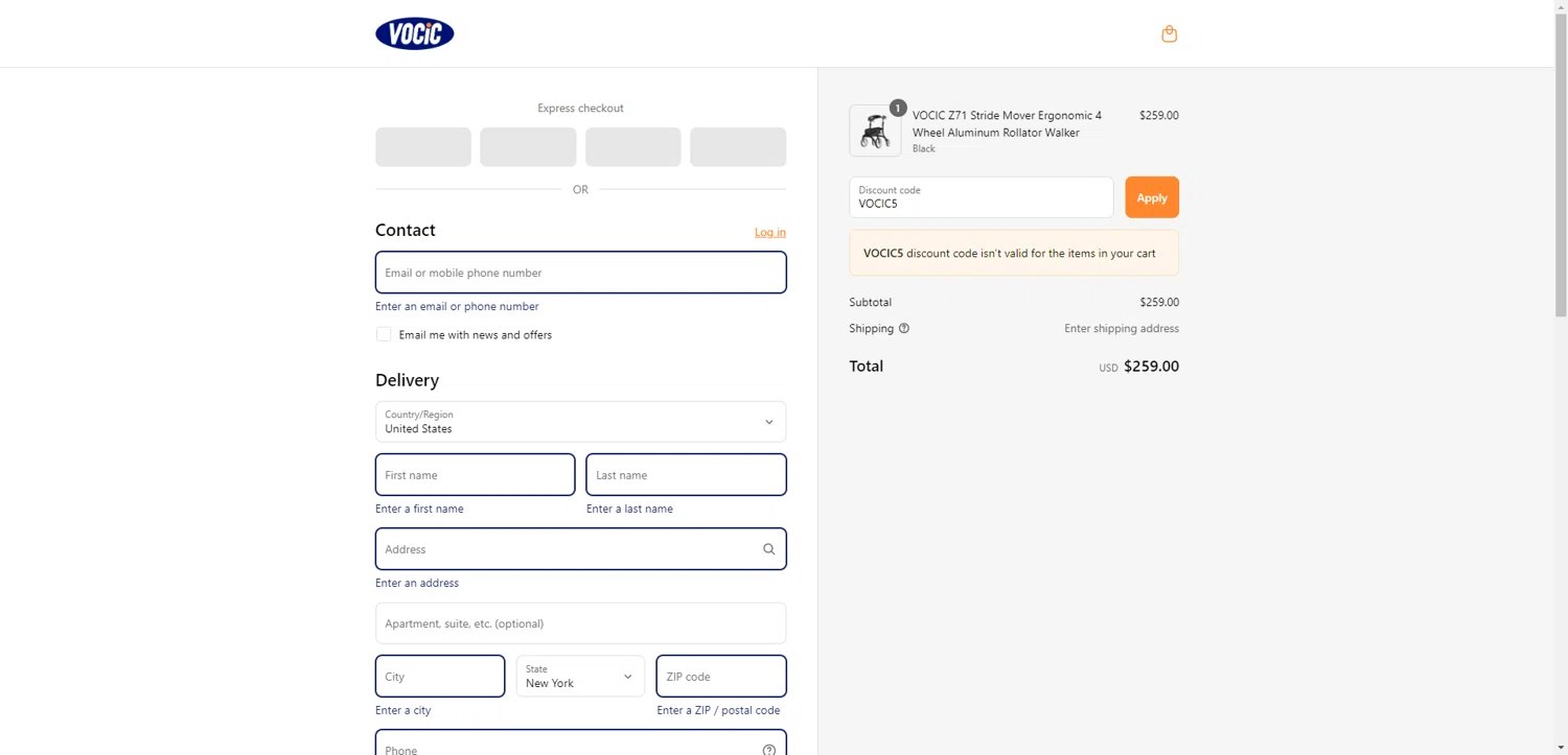 VOCIC promo code screenshot showing code VOCIC5 applied at VOCIC checkout page. Uploaded by SimplyCodes community member CrownTiger6508 on Jul 27, 2025