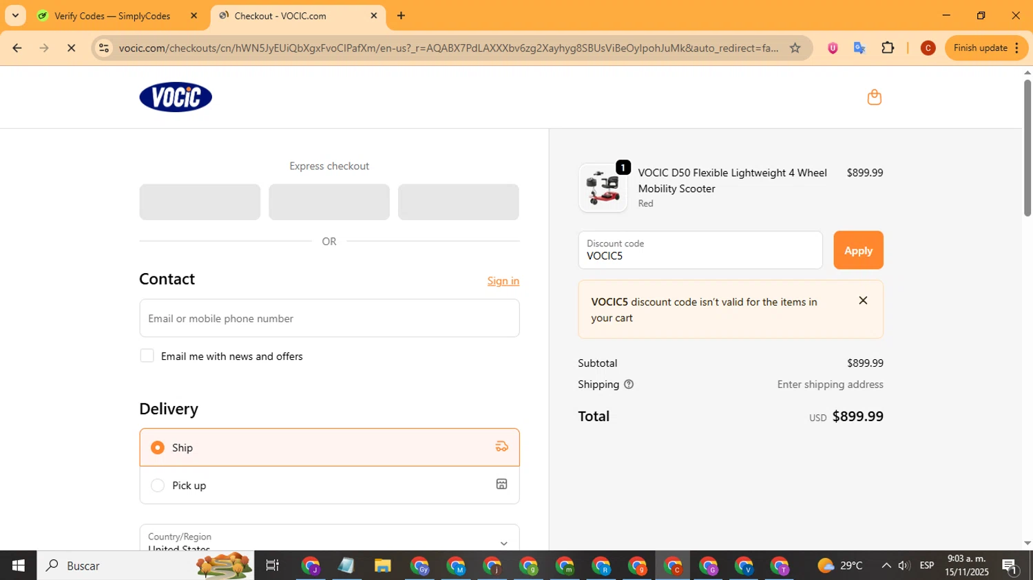 VOCIC promo code screenshot showing code VOCIC5 applied at VOCIC checkout page. Uploaded by SimplyCodes community member Playstatiton2 on Nov 15, 2025