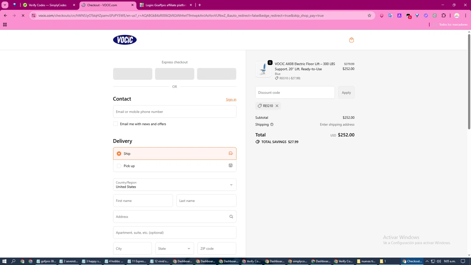 VOCIC promo code screenshot showing code Reg10 applied at VOCIC checkout page. Uploaded by SimplyCodes community member DiscountFox1117 on Nov 15, 2025