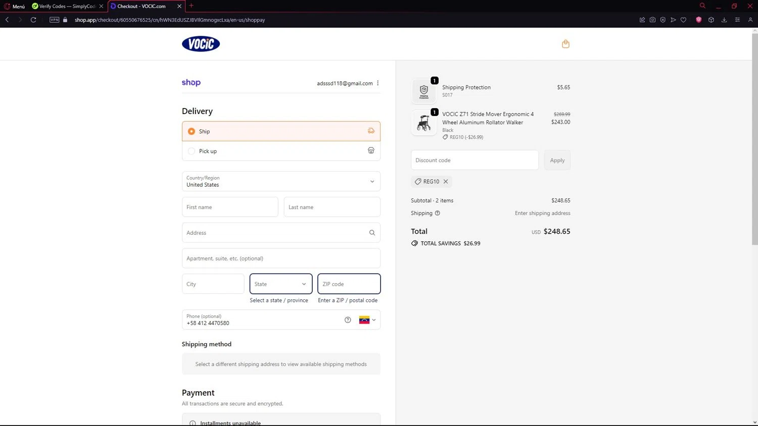 VOCIC promo code screenshot showing code Reg10 applied at VOCIC checkout page. Uploaded by SimplyCodes community member LegendarySeeker3956 on Sep 21, 2025