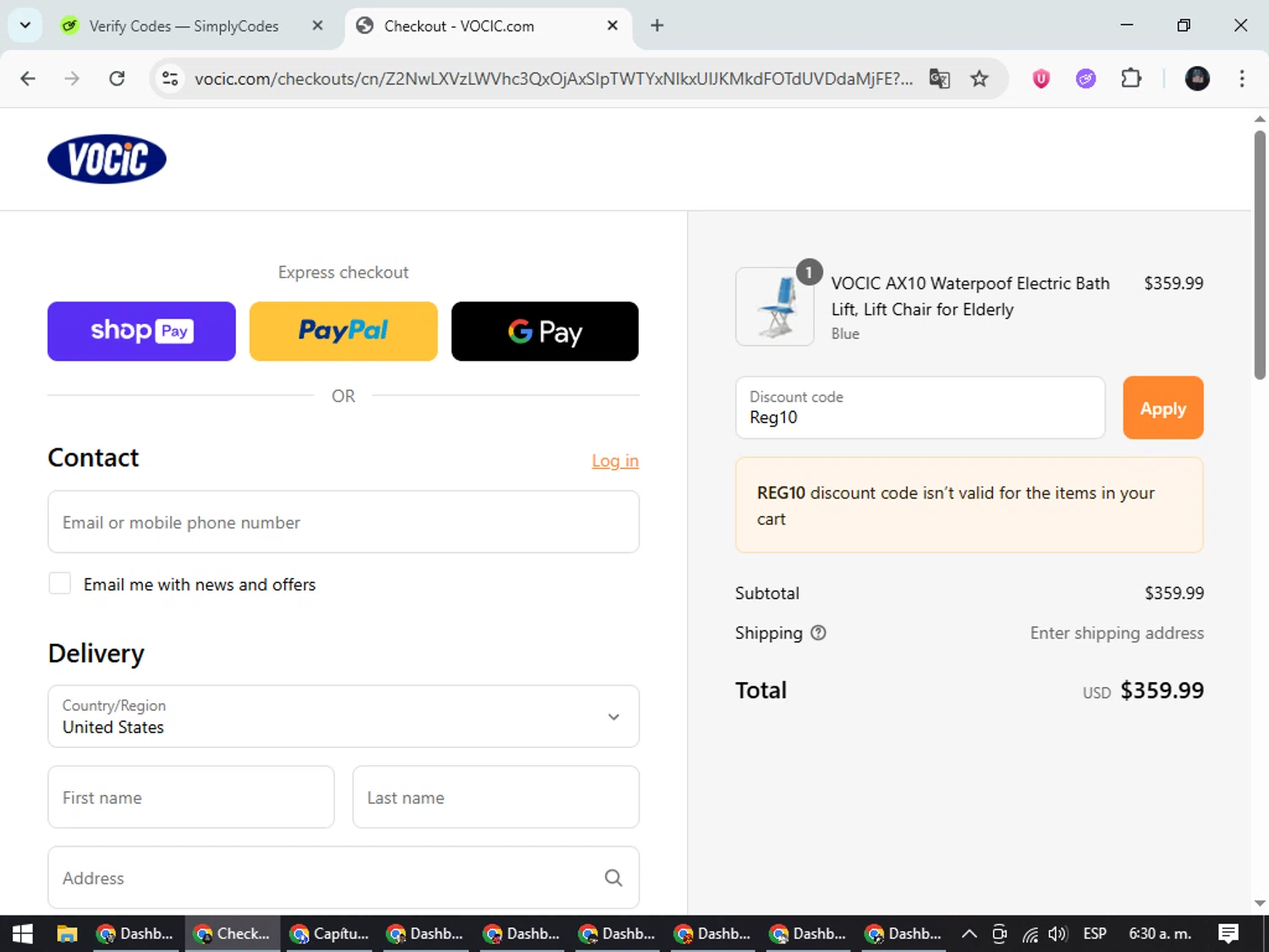 VOCIC promo code screenshot showing code Reg10 applied at VOCIC checkout page. Uploaded by SimplyCodes community member ValueElite5945 on Jul 10, 2025