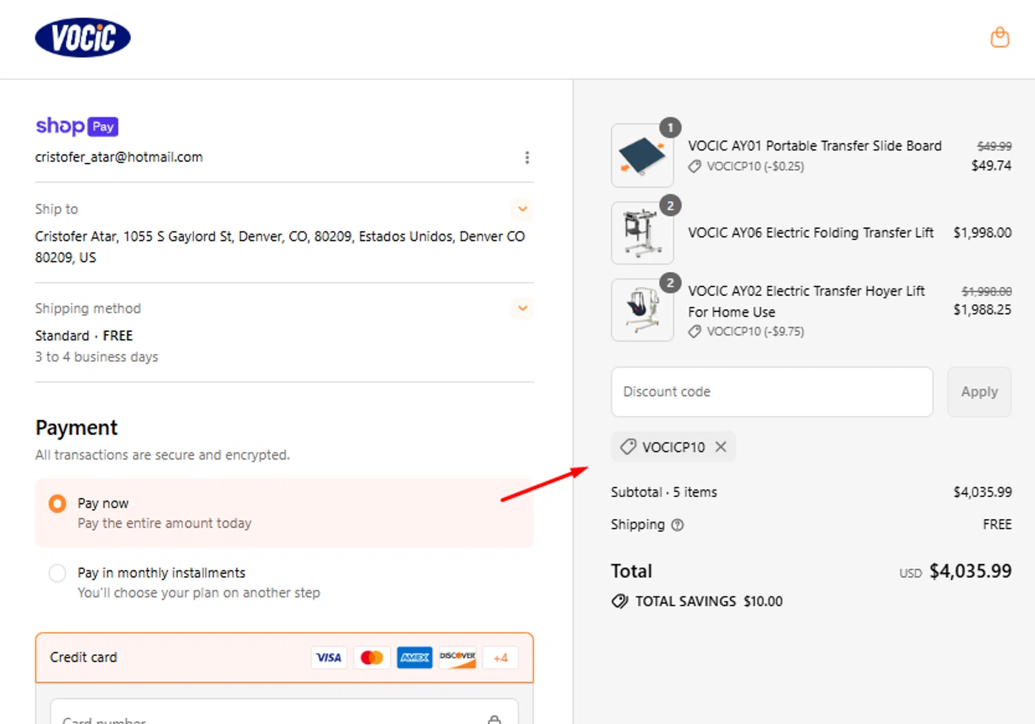 VOCIC promo code screenshot showing code VOCICP10 applied at VOCIC checkout page. Uploaded by SimplyCodes community member Mari_perez on Jul 14, 2025