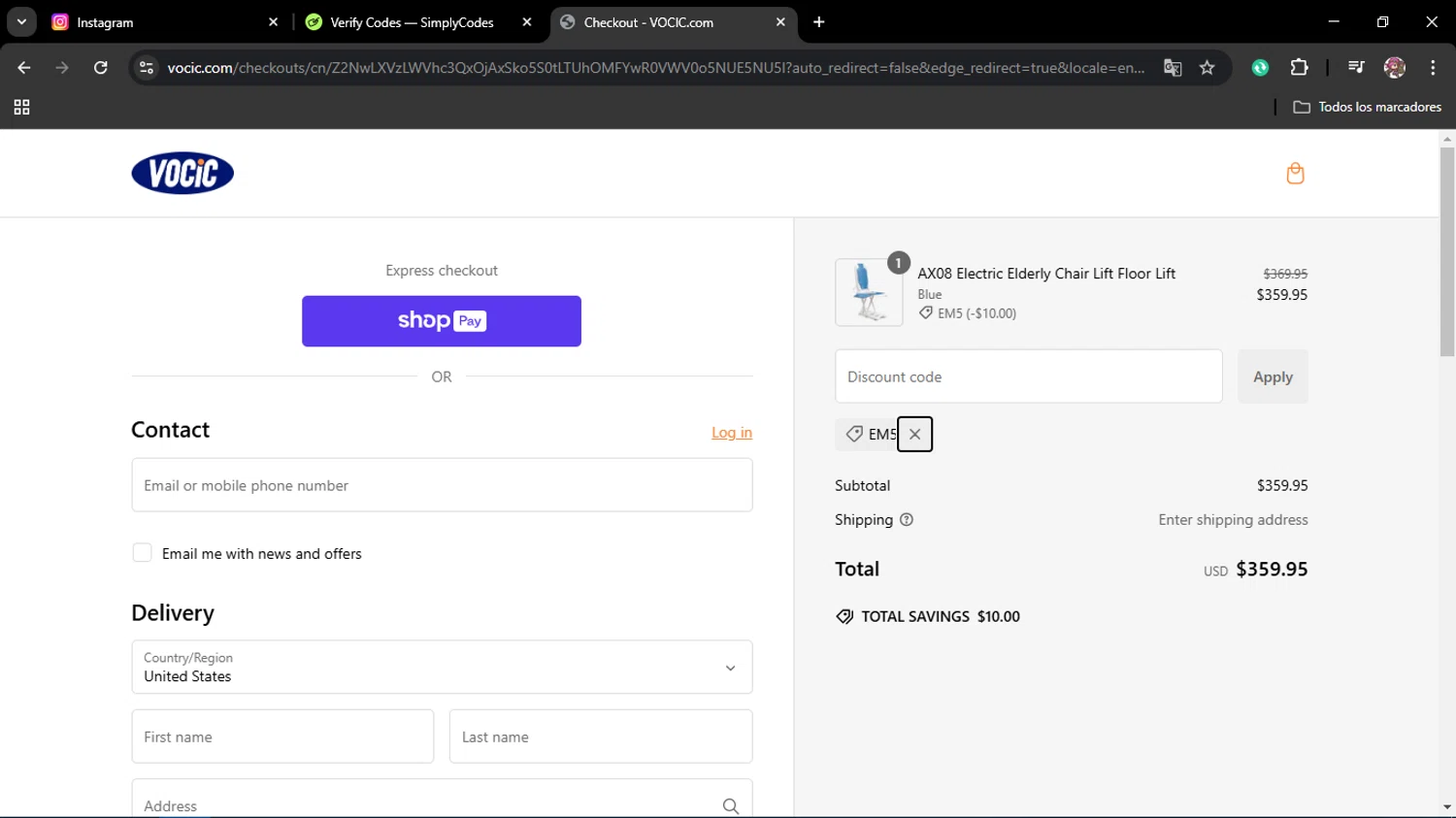 VOCIC promo code screenshot showing code em5 applied at VOCIC checkout page. Uploaded by SimplyCodes community member Juliet on Jan 23, 2025