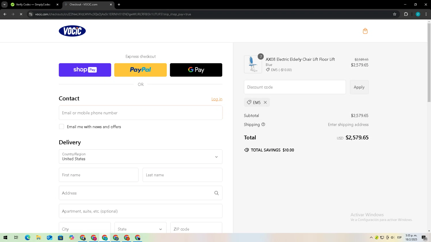 VOCIC promo code screenshot showing code em5 applied at VOCIC checkout page. Uploaded by SimplyCodes community member Zxdqui on Feb 18, 2025