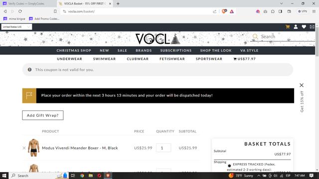 Vocla checkout page showing Vocla discount code box | Screenshot taken by SimplyCodes community member on Dec 28, 2023