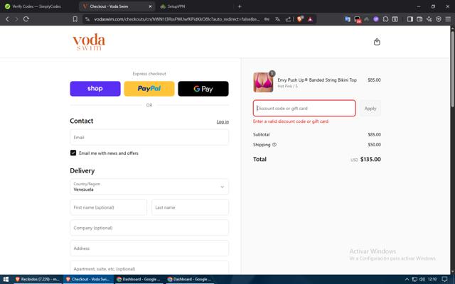 Voda Swim checkout page showing Voda Swim discount code box | Screenshot taken by SimplyCodes community member on Aug 13, 2025