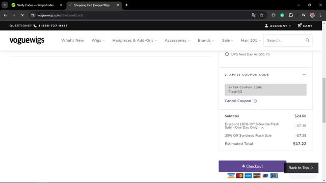 Vogue Wigs checkout page showing Vogue Wigs discount code box | Screenshot taken by SimplyCodes community member on Oct 1, 2024
