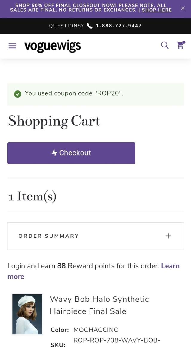 Vogue Wigs checkout page showing Vogue Wigs discount code box | Screenshot taken by SimplyCodes community member on Sep 25, 2024