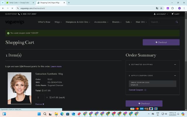 Vogue Wigs checkout page showing Vogue Wigs discount code box | Screenshot taken by SimplyCodes community member on Sep 10, 2024