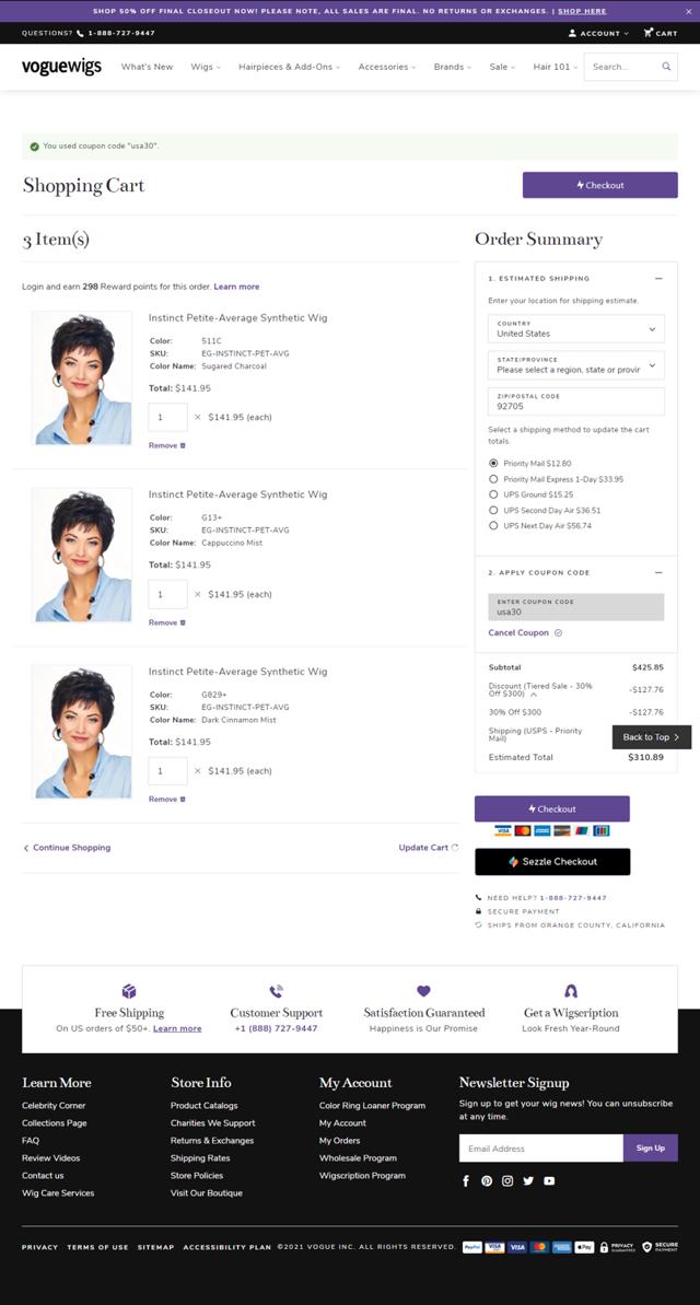 Vogue Wigs checkout page showing Vogue Wigs discount code box | Screenshot taken by SimplyCodes community member on Sep 10, 2024
