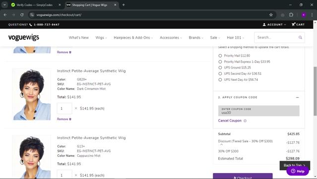 Vogue Wigs checkout page showing Vogue Wigs discount code box | Screenshot taken by SimplyCodes community member on Sep 10, 2024