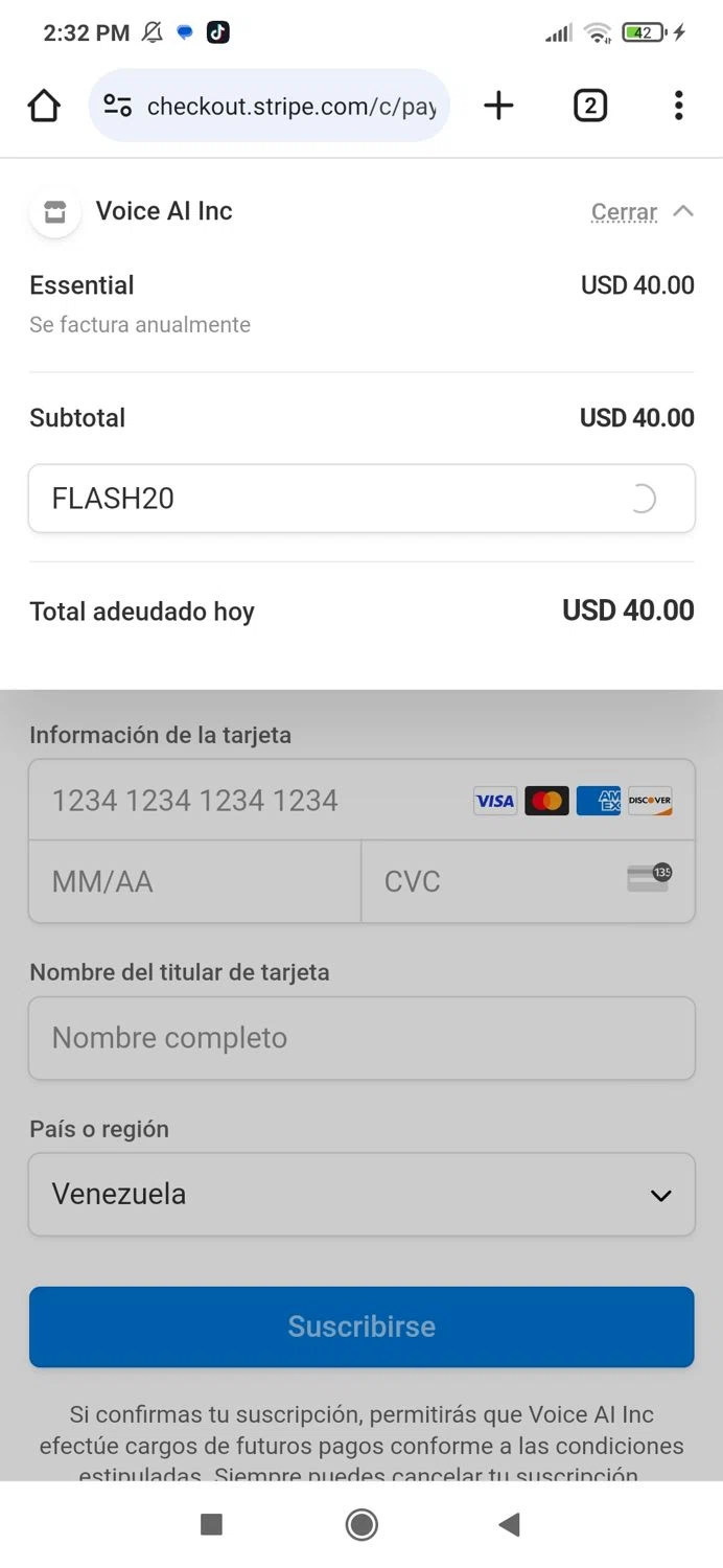 Voice AI promo code screenshot showing code FLASH20 applied at Voice AI checkout page. Uploaded by SimplyCodes community member agujadinamica on Jan 8, 2025