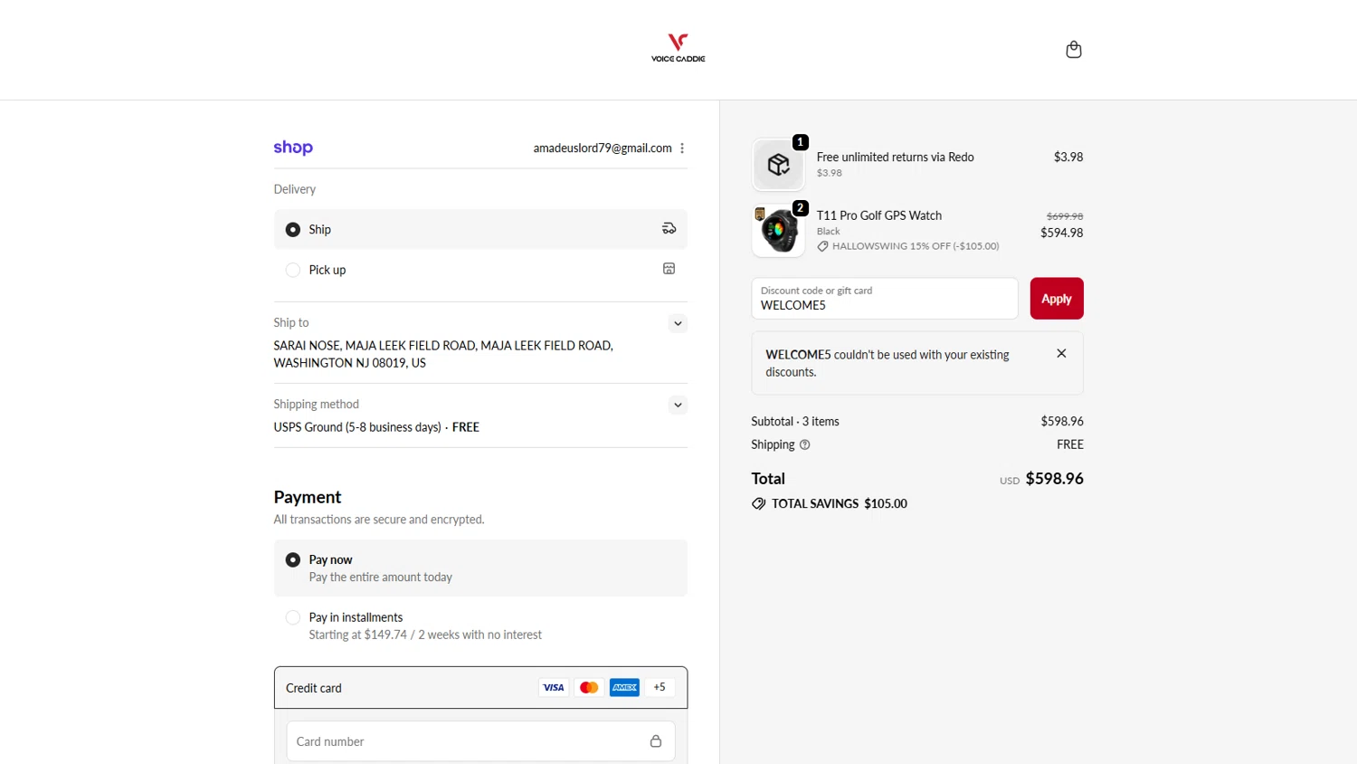 Voice Caddie discount code screenshot showing code WELCOME5 applied at Voice Caddie checkout page. Uploaded by SimplyCodes community member Ricacocaina on Nov 1, 2025