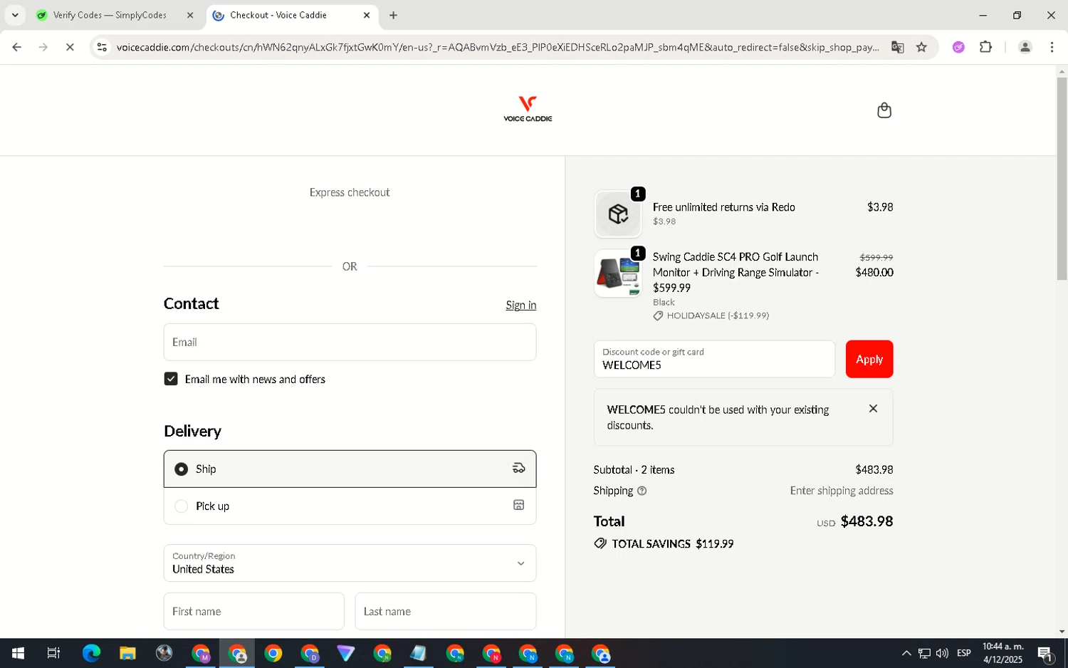 Voice Caddie discount code screenshot showing code WELCOME5 applied at Voice Caddie checkout page. Uploaded by SimplyCodes community member ScanNavigator5190 on Dec 4, 2025