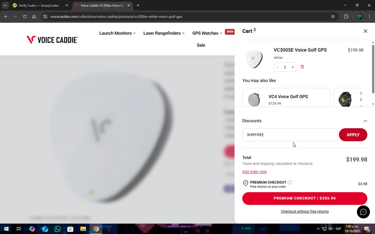 Voice Caddie discount code screenshot showing code SHIPFREE applied at Voice Caddie checkout page. Uploaded by SimplyCodes community member SOPACONPAN on Oct 19, 2025