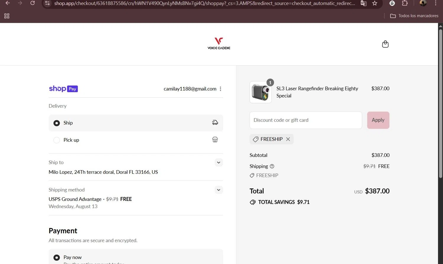 Voice Caddie discount code screenshot showing code FREESHIP applied at Voice Caddie checkout page. Uploaded by SimplyCodes community member Milaya on Aug 6, 2025