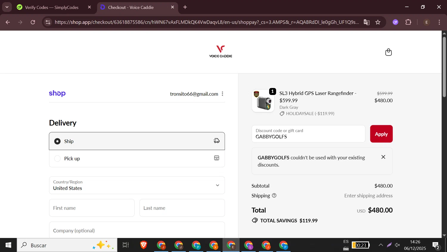 Voice Caddie discount code screenshot showing code GABBYGOLFS applied at Voice Caddie checkout page. Uploaded by SimplyCodes community member elizabethjames on Dec 6, 2025