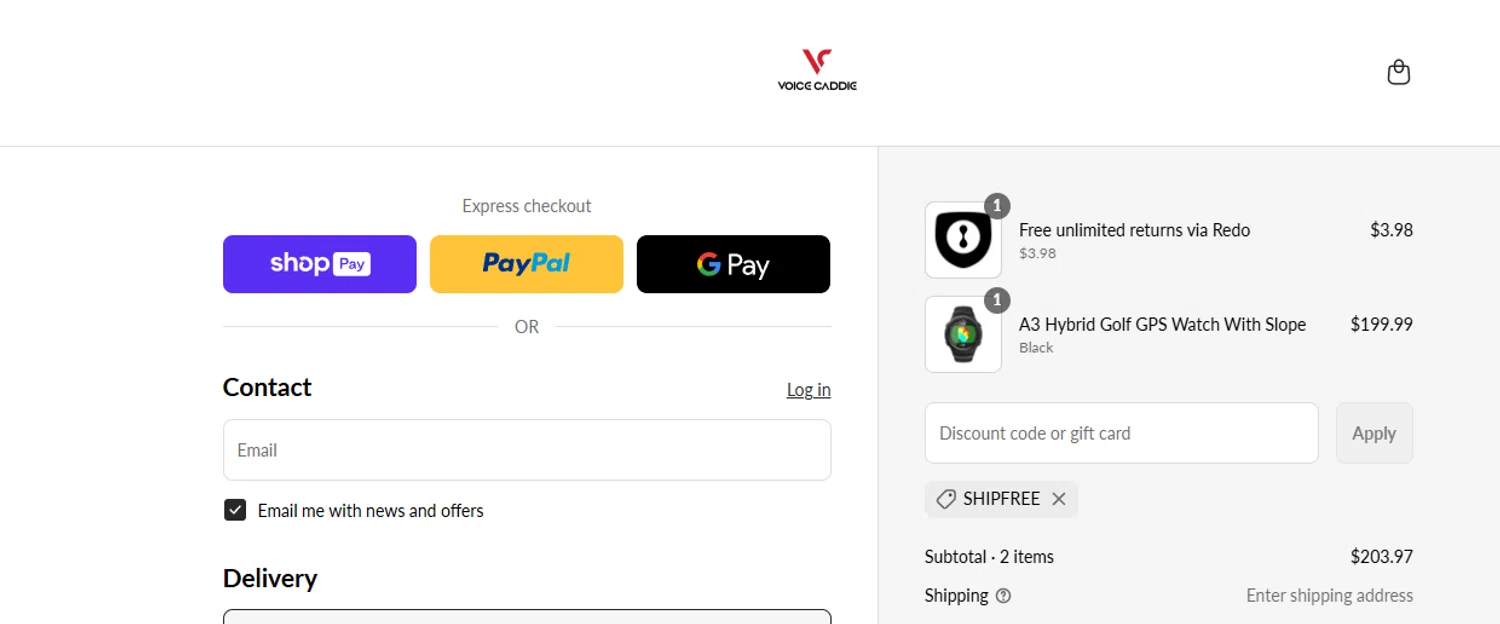 Voice Caddie discount code screenshot showing code SHIPFREE applied at Voice Caddie checkout page. Uploaded by SimplyCodes community member ashe1986 on Jul 15, 2025