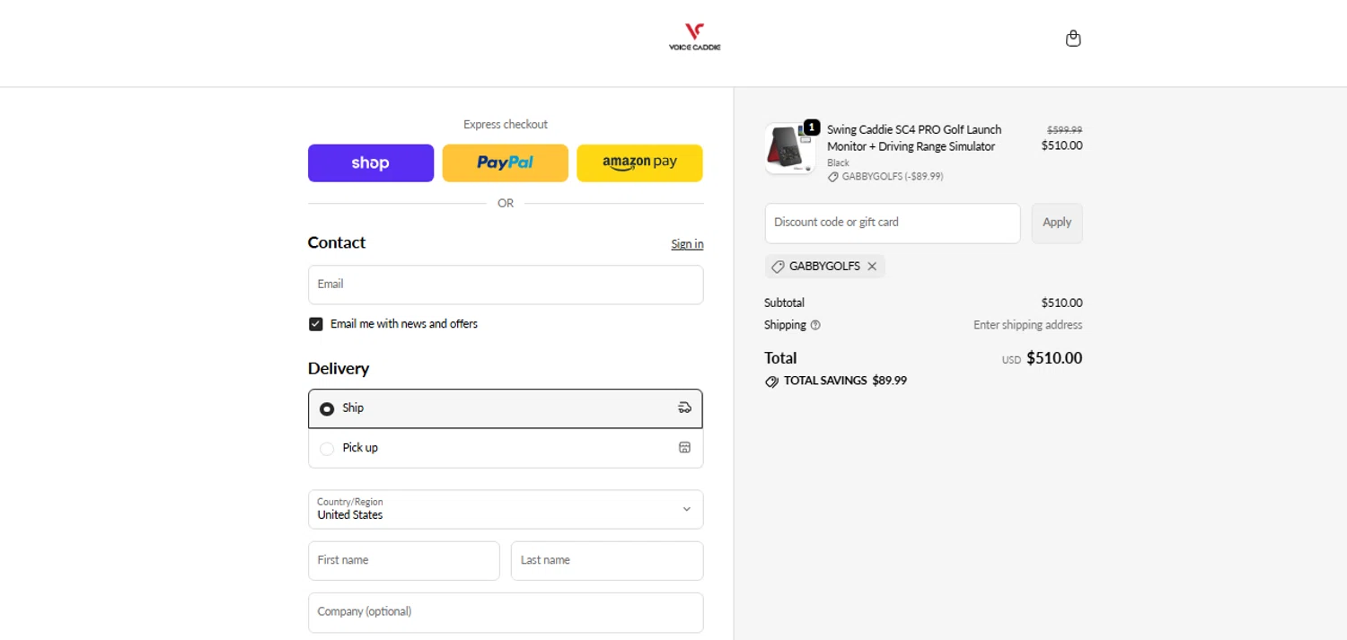 Voice Caddie discount code screenshot showing code GABBYGOLFS applied at Voice Caddie checkout page. Uploaded by SimplyCodes community member shark12 on Oct 27, 2025