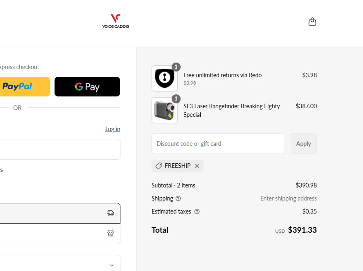 Voice Caddie discount code screenshot showing code FREESHIP applied at Voice Caddie checkout page. Uploaded by SimplyCodes community member yeresojperez on Aug 6, 2025