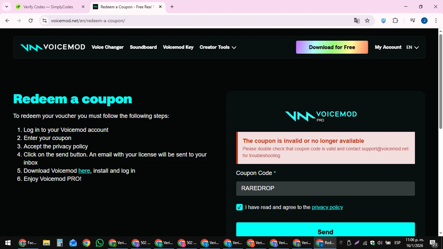 Voicemod promo code screenshot showing code RAREDROP applied at Voicemod checkout page. Uploaded by SimplyCodes community member noesmith34ur on Jan 17, 2026