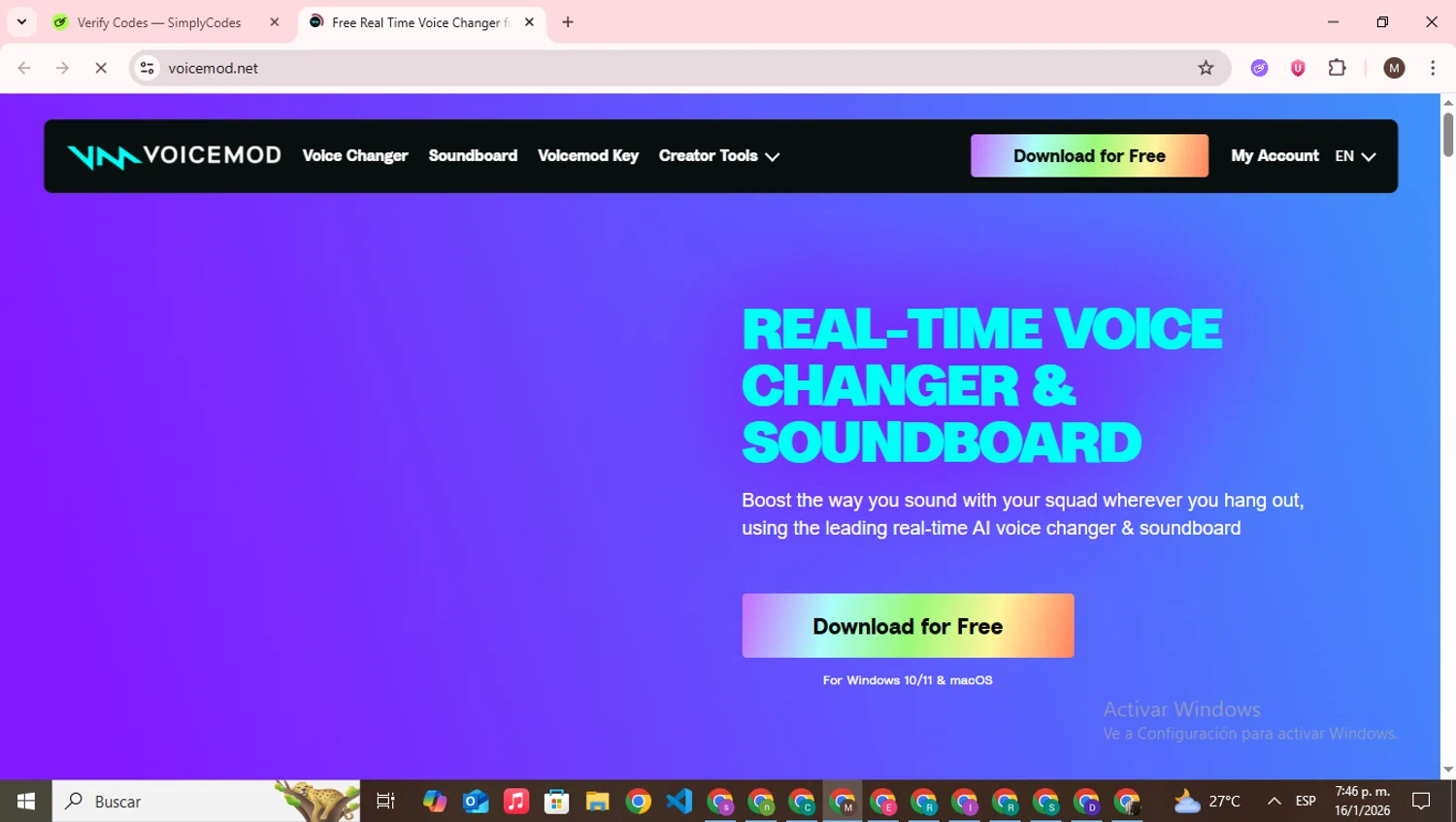 Voicemod promo code screenshot showing code AFRIEND applied at Voicemod checkout page. Uploaded by SimplyCodes community member WonderWizard9060 on Jan 16, 2026