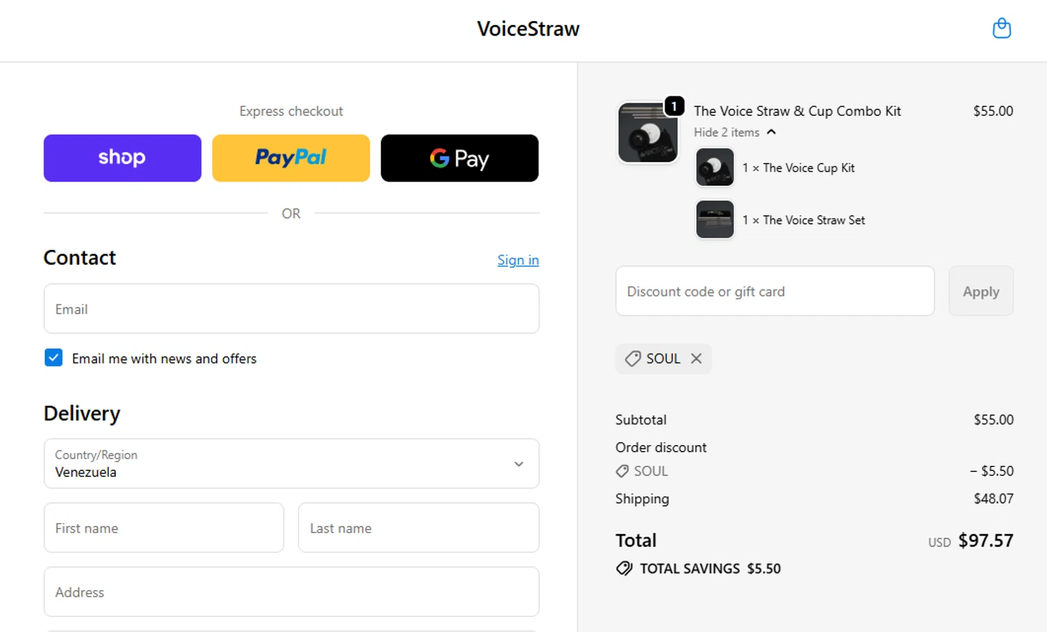 The Voice Straw promo code screenshot showing code SOUL applied at The Voice Straw checkout page. Uploaded by SimplyCodes community member SwiftSpotter945 on Jun 7, 2026