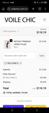 WELCOME15 coupon verification screenshot