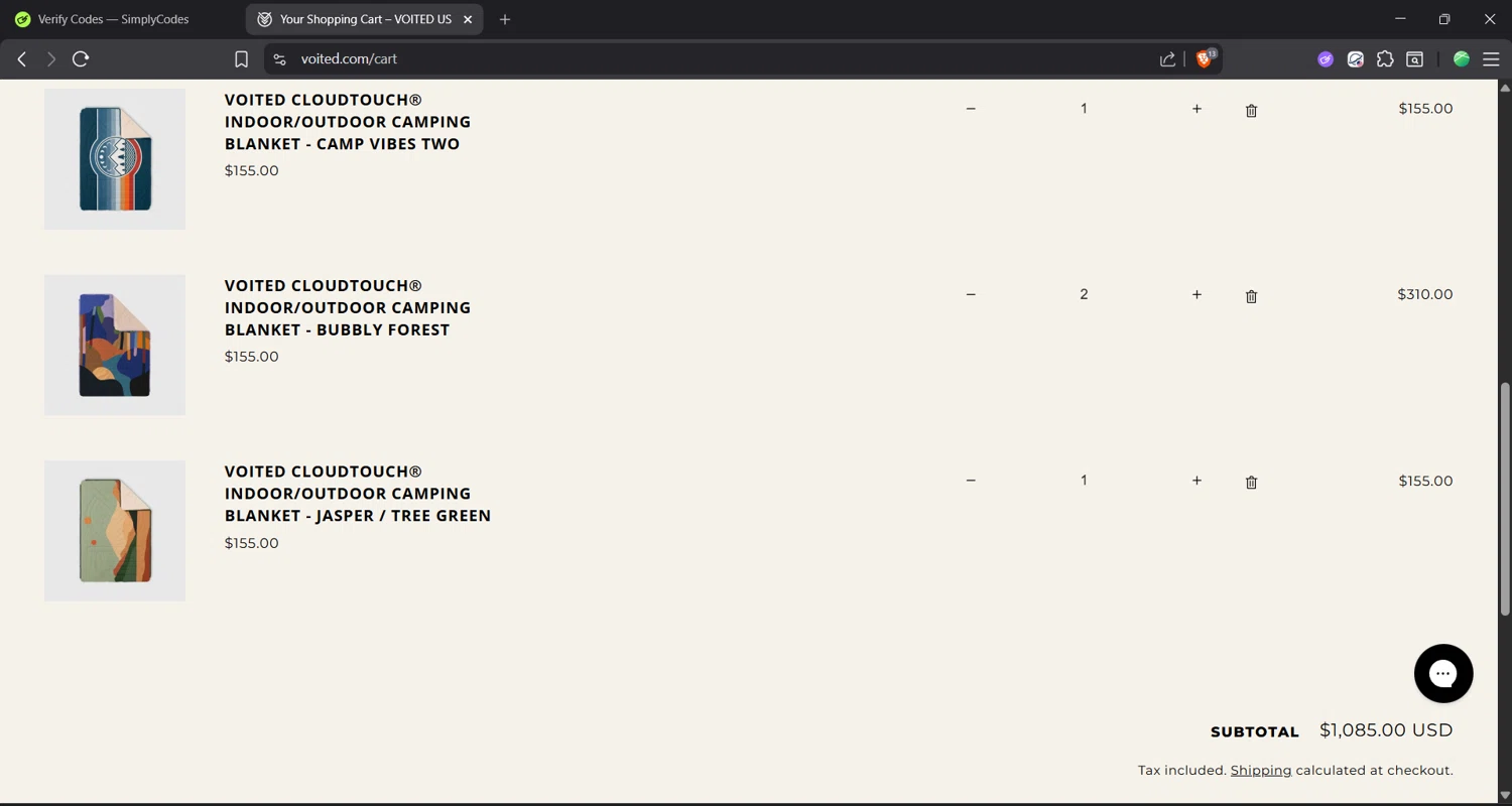 Voited discount code screenshot showing code DOUBLESNUGGLE applied at Voited checkout page. Uploaded by SimplyCodes community member Focus_123 on Dec 10, 2025