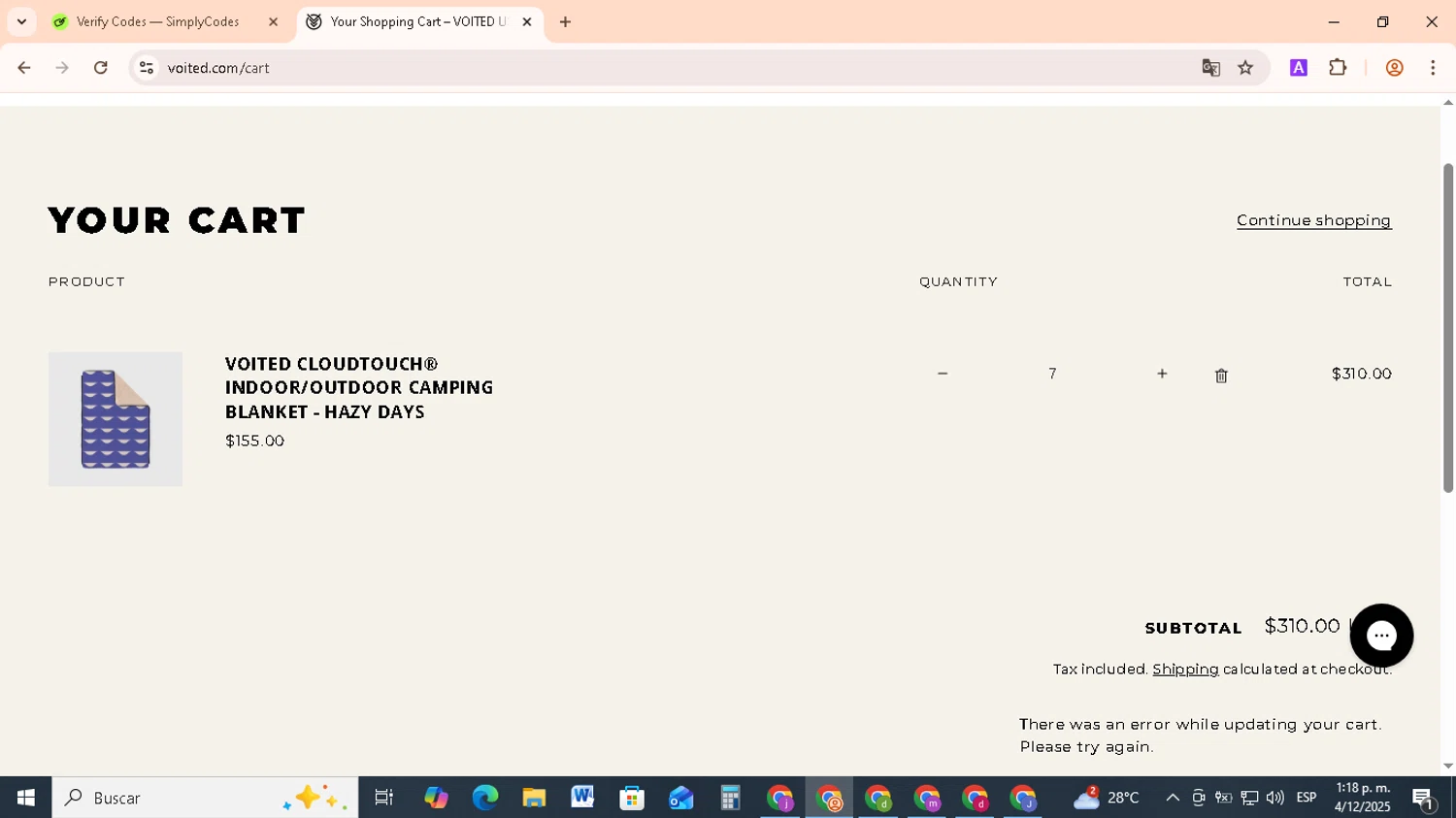 Voited discount code screenshot showing code DOUBLESNUGGLE applied at Voited checkout page. Uploaded by SimplyCodes community member RebateCollector5909 on Dec 4, 2025
