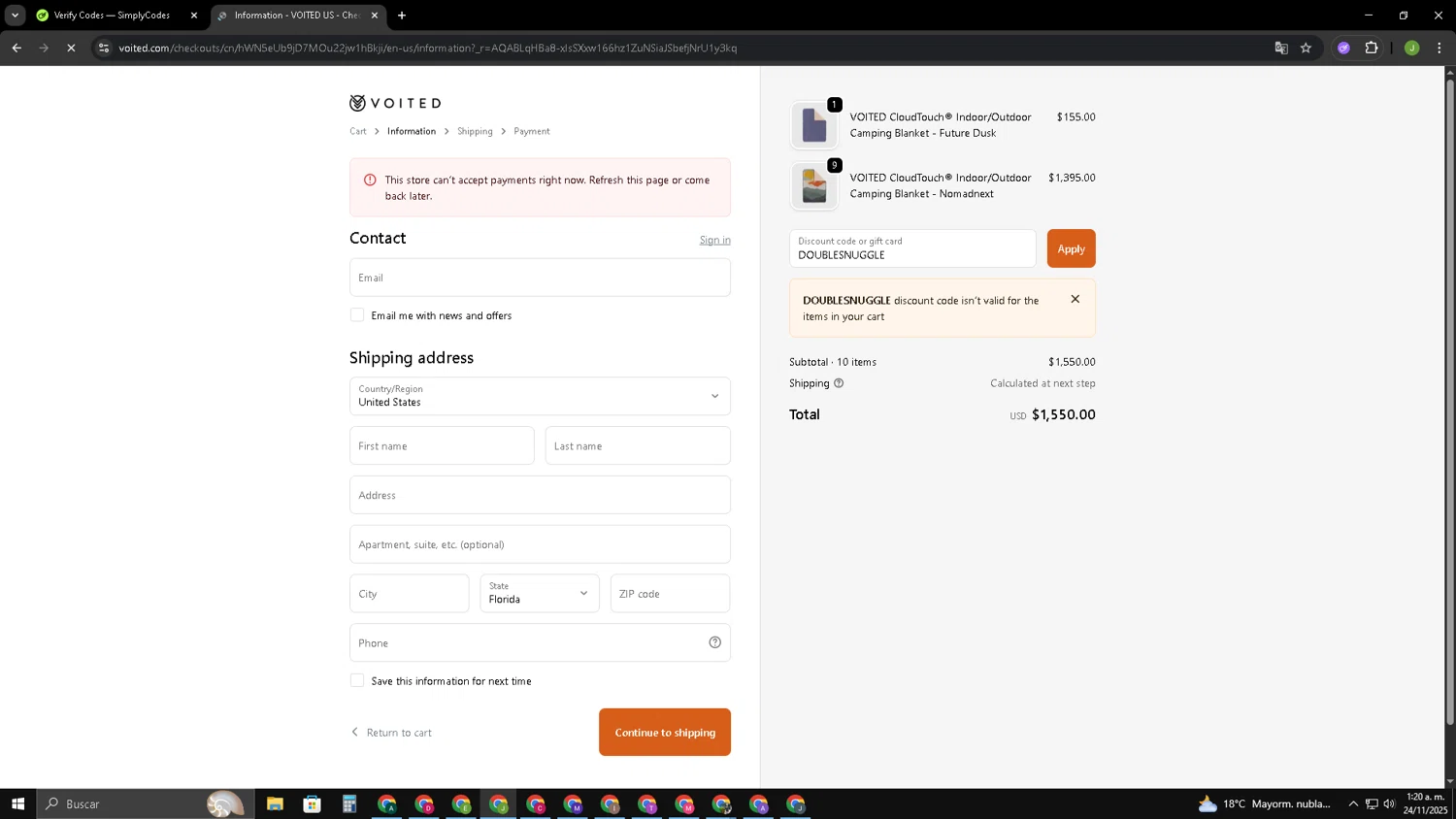 Voited discount code screenshot showing code DOUBLESNUGGLE applied at Voited checkout page. Uploaded by SimplyCodes community member SAIKOO on Nov 24, 2025