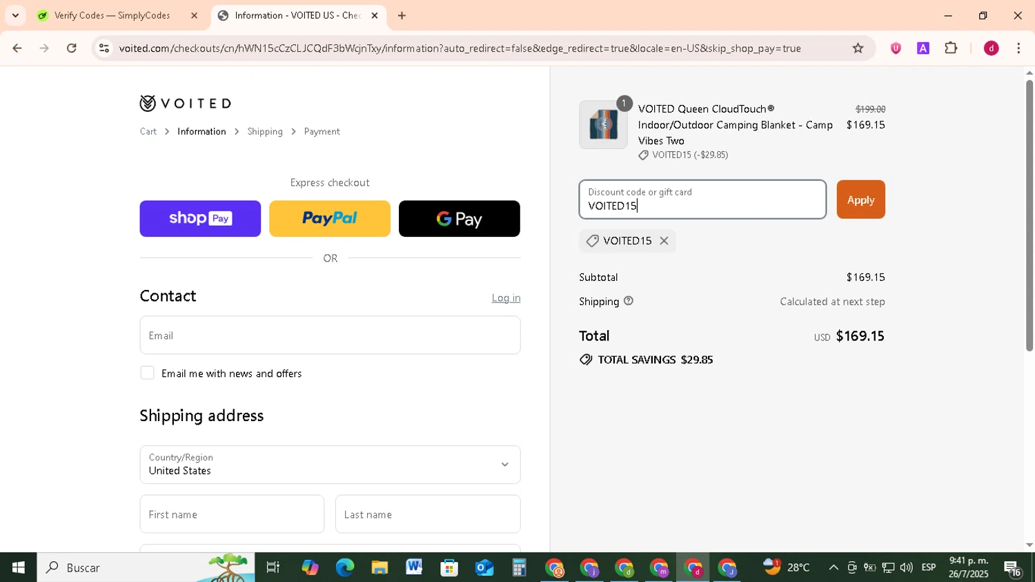 Voited discount code screenshot showing code VOITED15 applied at Voited checkout page. Uploaded by SimplyCodes community member FrugalMonarch7277 on Jul 27, 2025