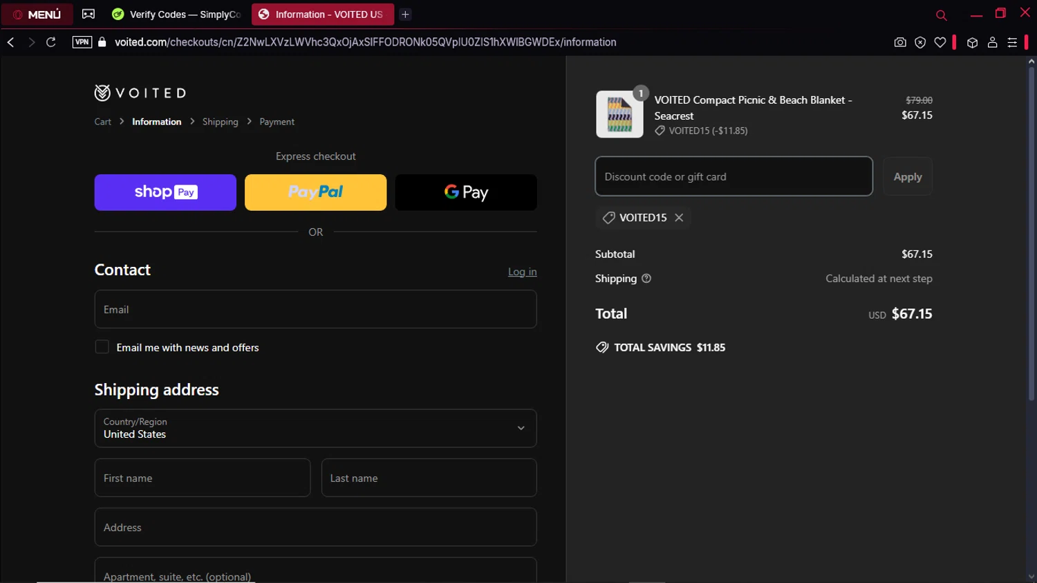 Voited discount code screenshot showing code VOITED15 applied at Voited checkout page. Uploaded by SimplyCodes community member Gabrielpato on Mar 28, 2025