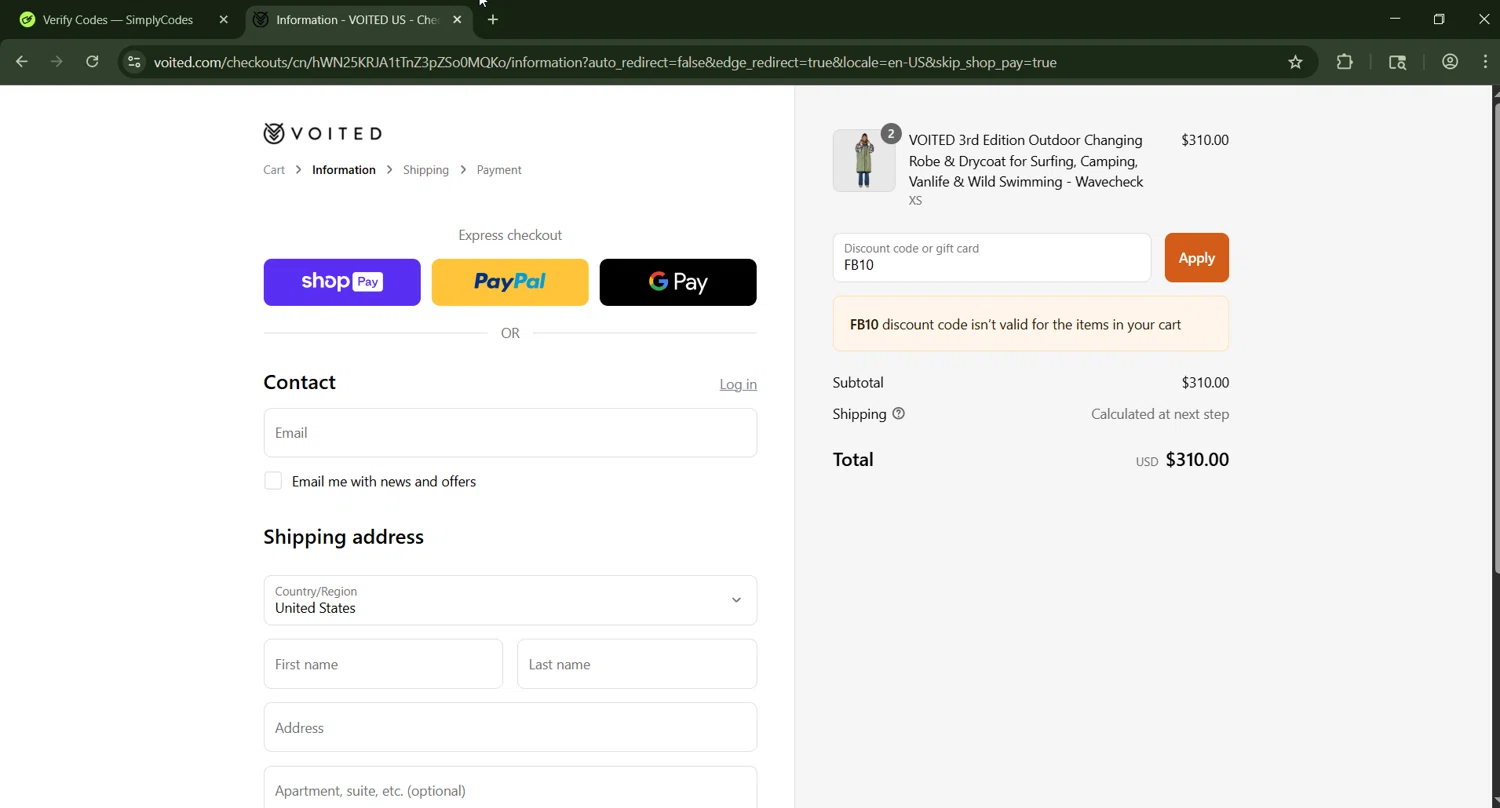 Voited discount code screenshot showing code FB10 applied at Voited checkout page. Uploaded by SimplyCodes community member CashWizard4502 on Aug 22, 2025