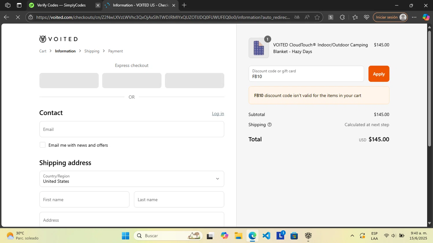 Voited discount code screenshot showing code FB10 applied at Voited checkout page. Uploaded by SimplyCodes community member RoyalGenius9299 on Jun 15, 2025