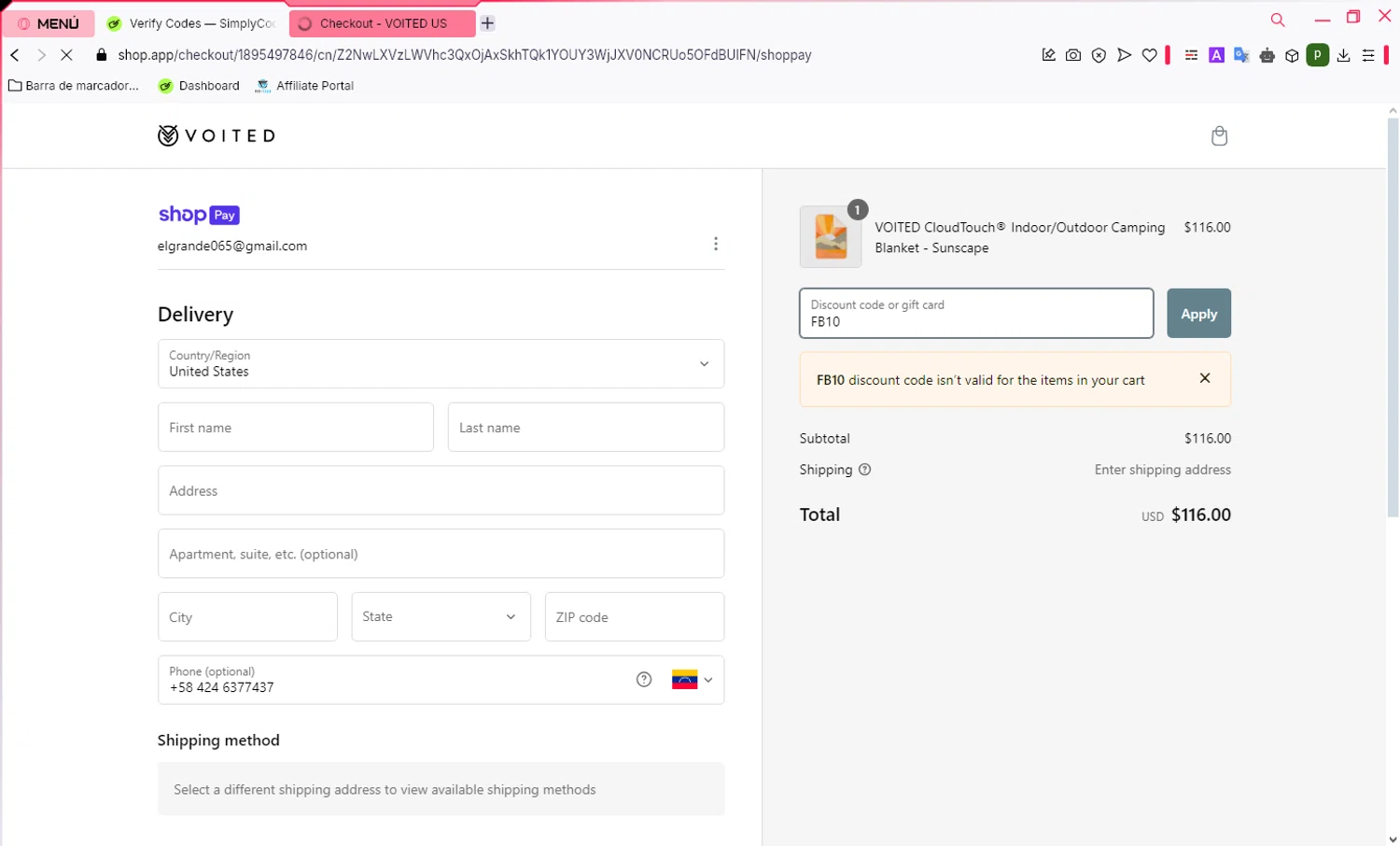 Voited discount code screenshot showing code FB10 applied at Voited checkout page. Uploaded by SimplyCodes community member WonderWarden4709 on Jan 17, 2025