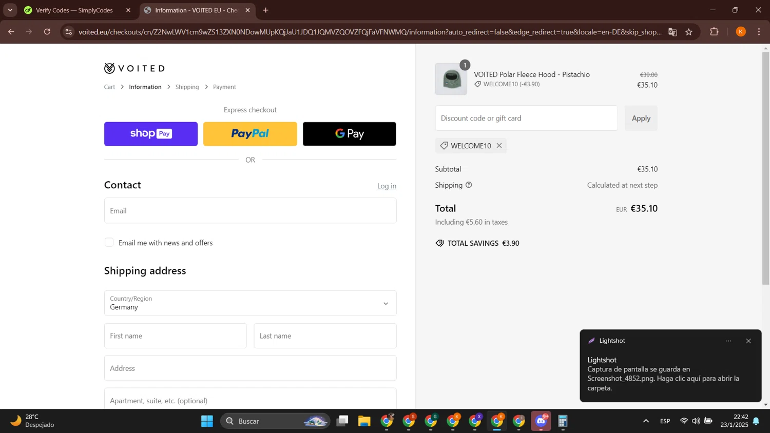 Voited EU promo code screenshot showing code WELCOME10 applied at Voited EU checkout page. Uploaded by SimplyCodes community member BonusCurator3058 on Jan 24, 2025